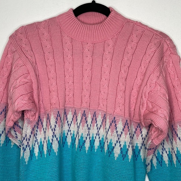 Vintage pastel diamond argyle print cable mock neck sweater - Picture 2 of 8